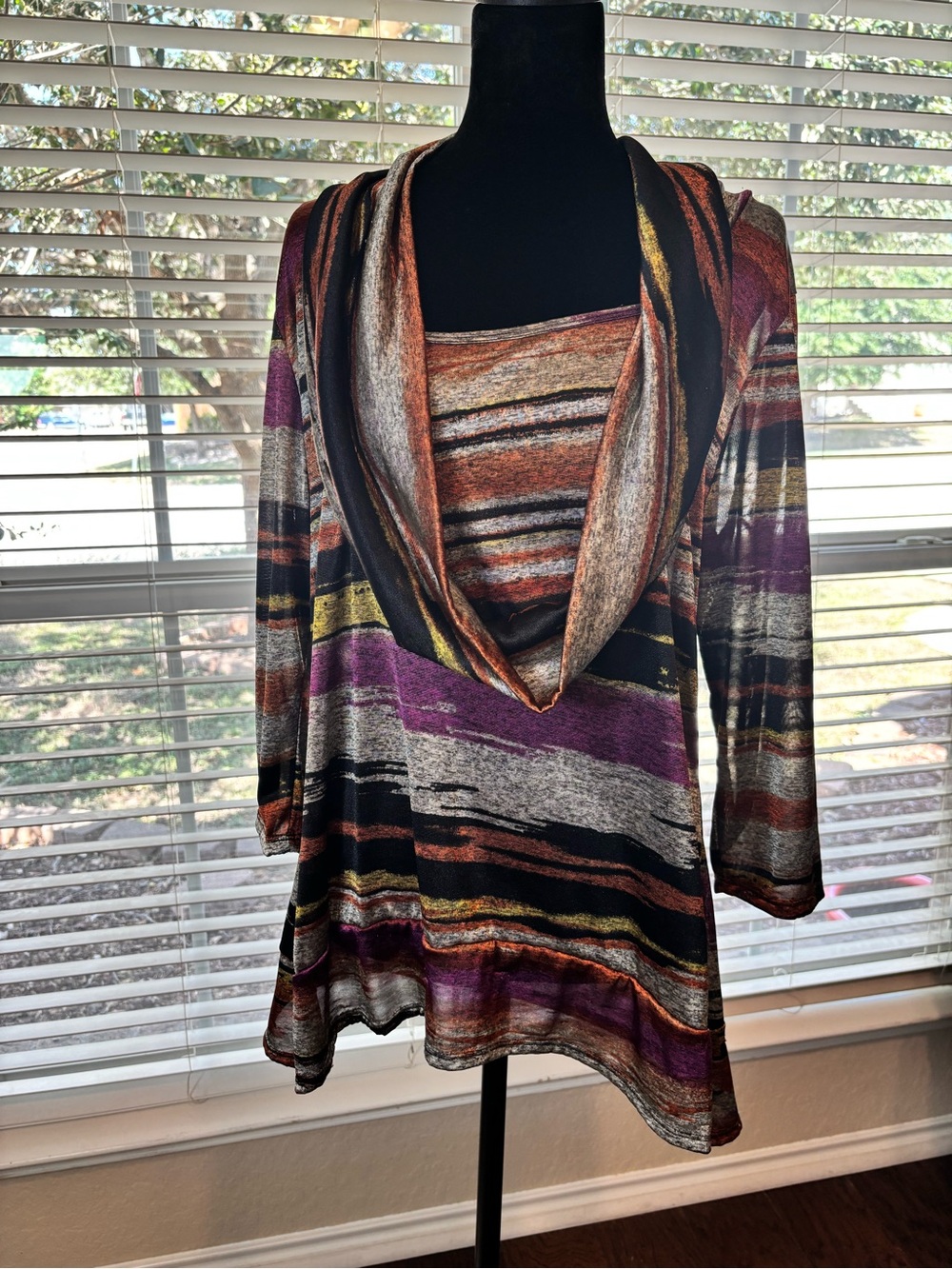 Vintage Suzie Striped Cowl Neck Top Long Sleeve - Purple, Orange, Black, Cream